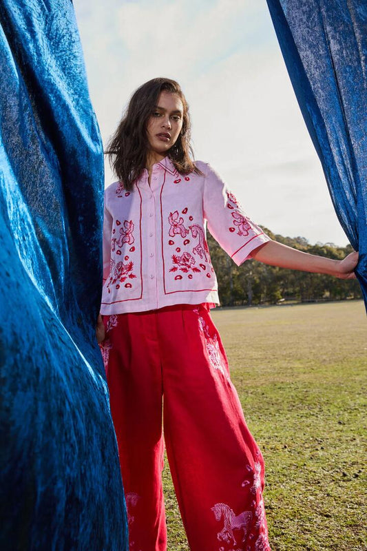 Image of a model wearing Tops. Productname: Ainslee Linen Anglaise Shirt in Pink colour by brand - Gorman