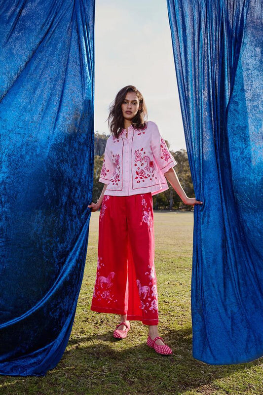 Image of a model wearing Pants. Product name - Ainslee Anglaise Pant in Red colour by brand - Gorman
