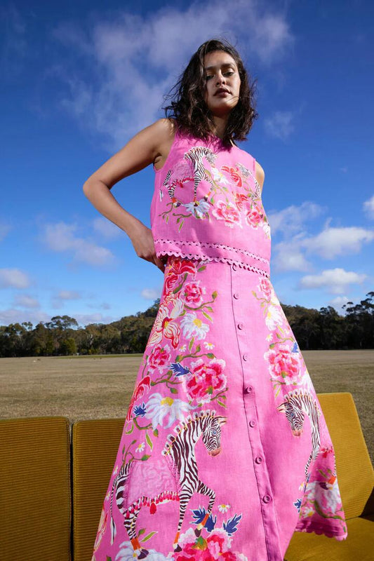 Image of a model wearing Tops. Productname: Zebra Crossing Linen Tank in Print colour by brand - Gorman