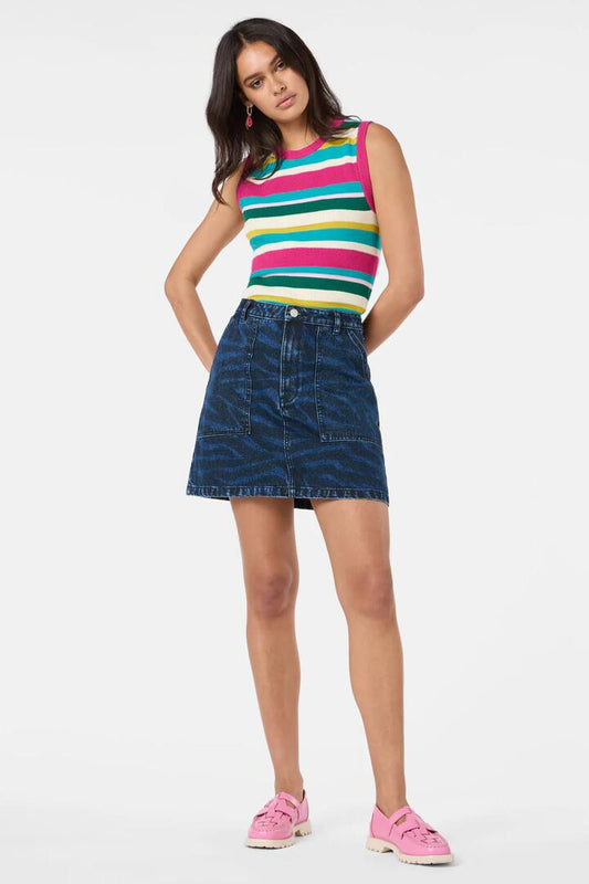 Image of a model wearing Skirts. Product name - Racing Stripes Denim Mini in Print colour by brand - Gorman