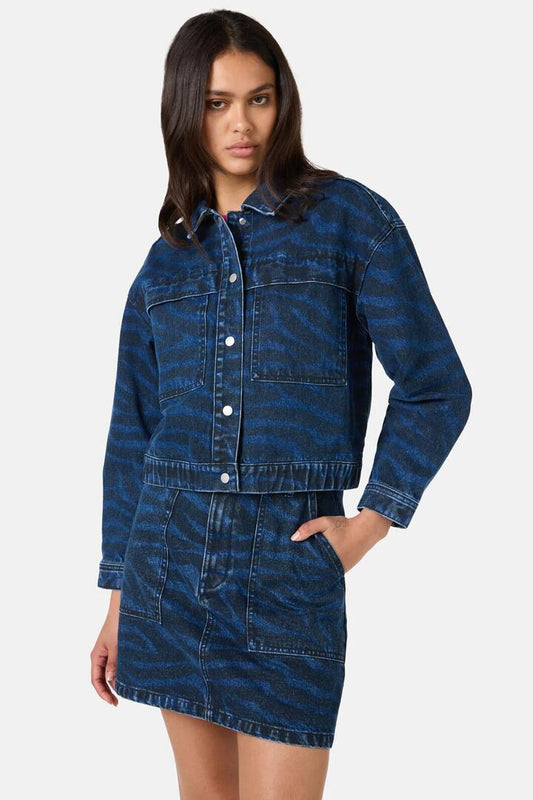 Image of a model wearing Outerwear. Productname: Racing Stripes Denim Jacket in Print colour by brand - Gorman