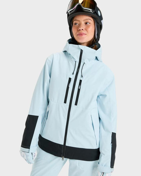 Image of a model wearing Outerwear. Productname: Roxy - Womens Upward Snow Jacket - Ice Blue - in Ice Blue colour by brand - Roxy