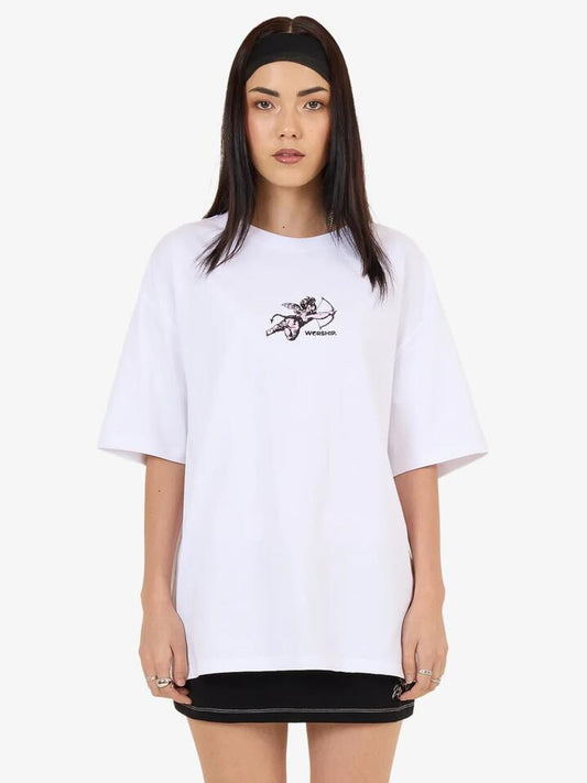 Image of a model wearing Tops. Productname: Worship Cherub Relaxed Fit Tee in White colour by brand - Worship