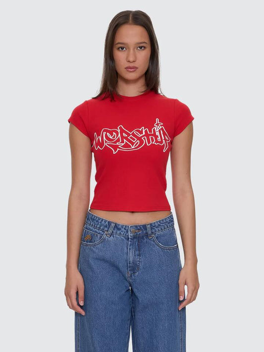 Image of Hats. Productname: Worship Throws Cap Sleeve Tee in Lucky Red colour by brand - Worship