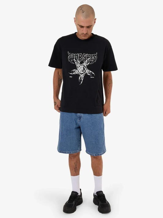 Image of a model wearing Shorts. Productname: Worship Big Dawg Jean Short in Sky High Blue colour by brand - Worship