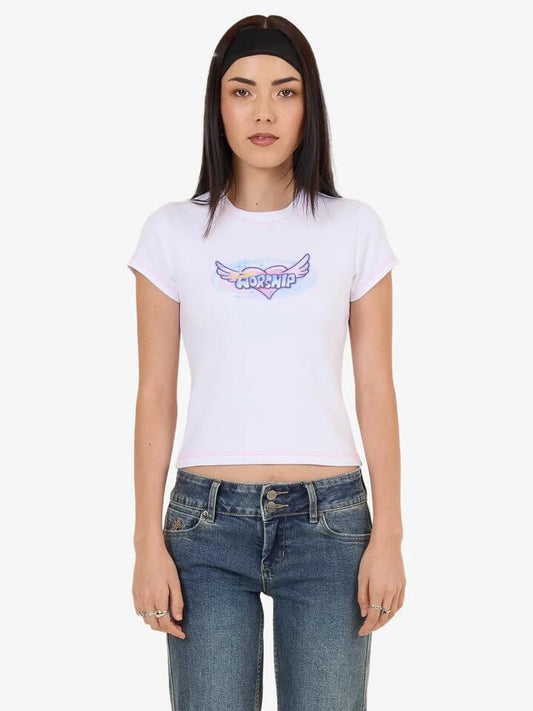 Image of Hats. Productname: Worship Not Your Angel Cap Sleeve Tee in White colour by brand - Worship