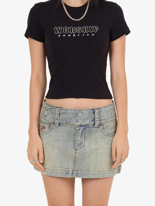 Image of a model wearing Skirts. Productname: Worship Nostalgia Micro Skirt in Dirty Streak Fade colour by brand - Worship