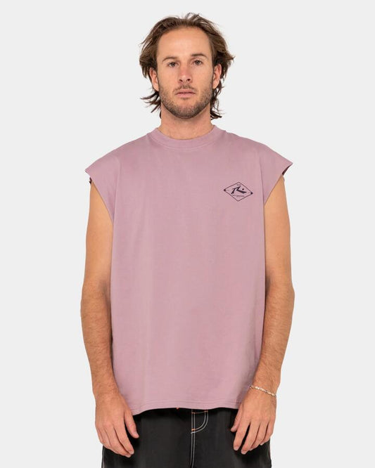 Image of a model wearing Tops. Productname: Rusty - Mens Wull Wolume 2.0 Muscle Shirt - Elderberry - in Elderberry colour by brand - Rusty