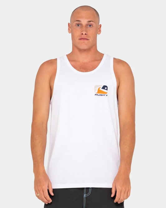 Image of a model wearing Tops. Productname: Rusty - Mens Phenom Tank Top - White - in White colour by brand - Rusty