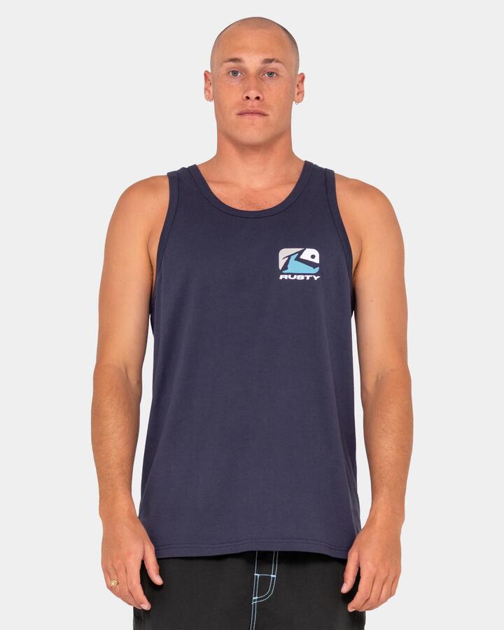 Image of a model wearing Tops. Productname: Rusty - Mens Phenom Tank Top - Navy Blue - in Navy Blue colour by brand - Rusty