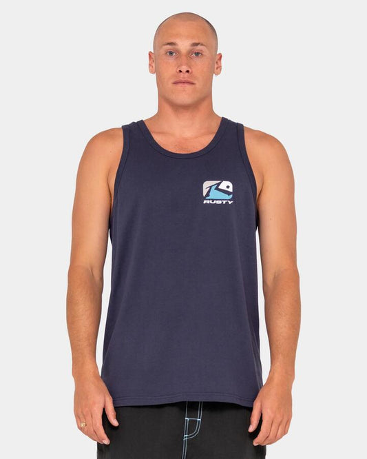 Image of a model wearing Tops. Productname: Rusty - Mens Phenom Tank Top - Navy Blue - in Navy Blue colour by brand - Rusty