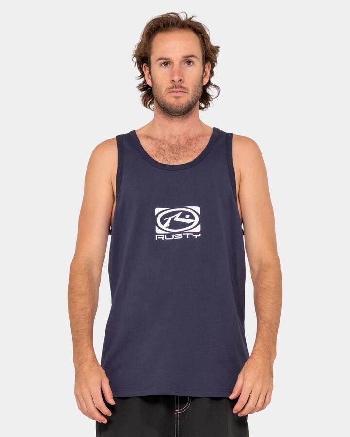 Image of a model wearing Tops. Productname: Rusty - Mens Hyper Tank Top - Navy Blue - in Navy Blue colour by brand - Rusty