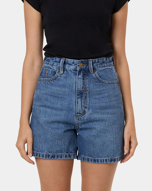 Image of a model wearing Shorts. Productname: thrills - Womens Koko Denim Shorts - Blue - in Blue colour by brand - thrills