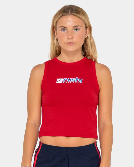 Image of a model wearing Tops. Productname: Rusty Womens Crossroads Fitted Tank Top Red - in Red colour by brand - Rusty