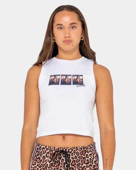 Image of a model wearing Tops. Productname: Rusty - Womens Crossroads Fitted Tank Top - Egret - in Egret colour by brand - Rusty