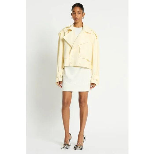 Image of a model wearing Outerwear. Productname: Phoebe Jacket in EDELWEISS colour by brand - sass and bide