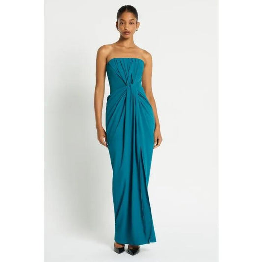 Image of a model wearing Dress. Productname: Artemis Maxi Dress in TEAL colour by brand - sass and bide