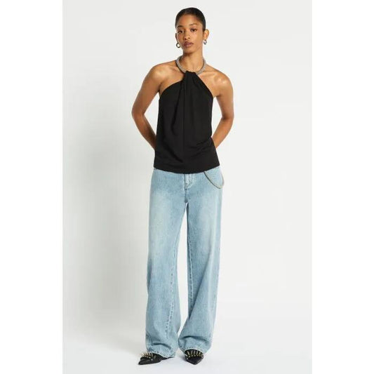 Image of a model wearing Denim. Productname: One Direction Barrel Leg Jean in Bleached Indigo colour by brand - sass and bide