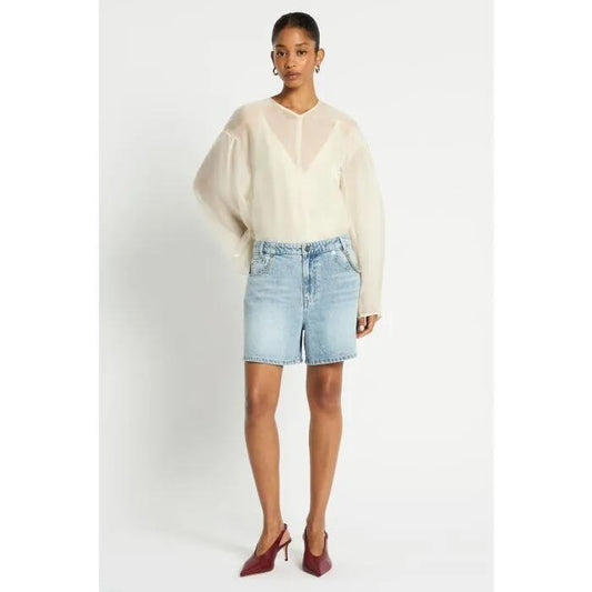 Image of a model wearing Denim. Productname: One Direction Denim Short in Bleached Indigo colour by brand - sass and bide