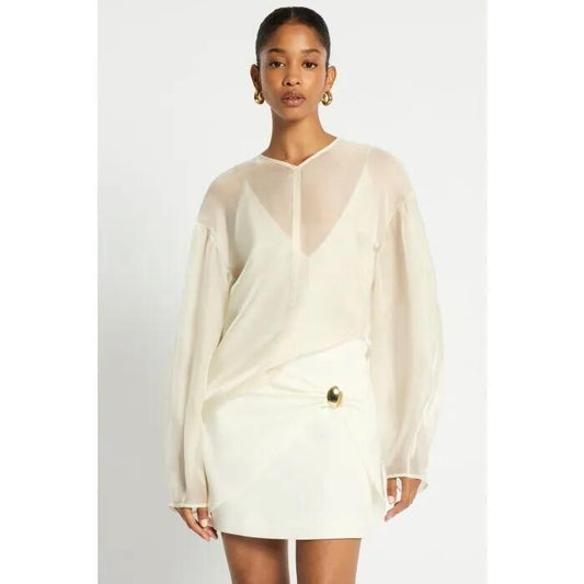 Image of a model wearing Tops. Productname: Afterglow Top in EDELWEISS colour by brand - sass and bide