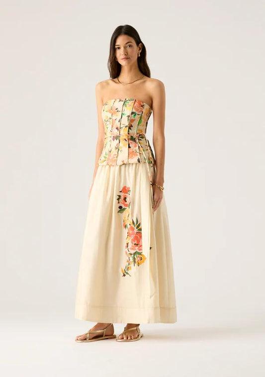 Image of a model wearing Skirts. Productname: Soleil Midi Skirt in Ivory colour by brand - MOS The Label