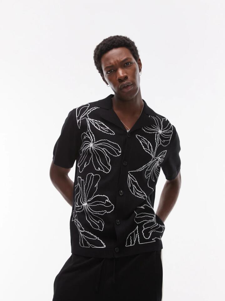 Image of a model wearing Tops. Productname: Topman Embroidered Knitted Shirt in Black colour by brand - Topman