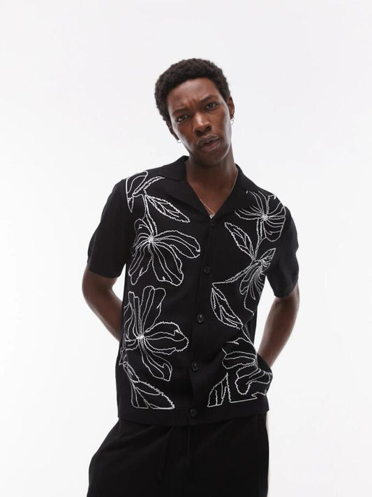 Image of a model wearing Tops. Productname: Topman Embroidered Knitted Shirt in Black colour by brand - Topman