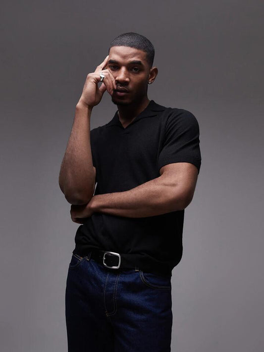 Image of a model wearing Tops. Productname: Topman Knitted Open Revere Shirt in Black colour by brand - Topman