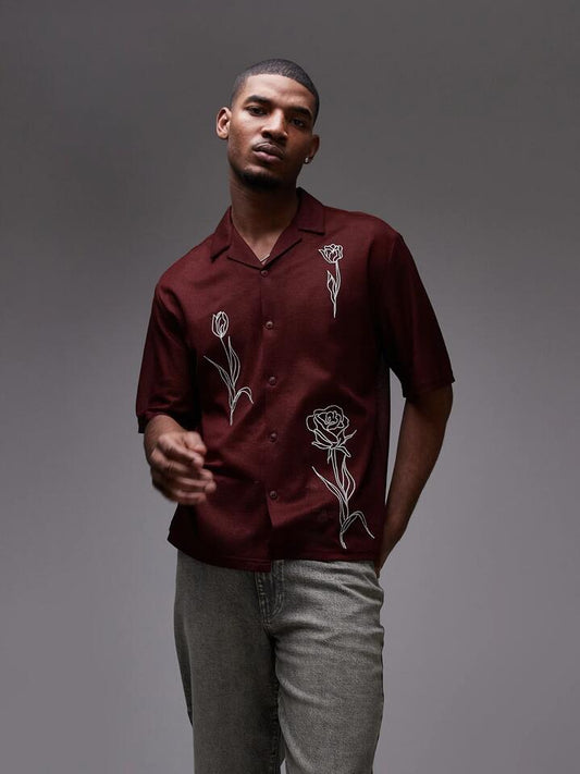 Image of a model wearing Tops. Productname: Topman Floral Embroidered Shirt in Rust colour by brand - Topman
