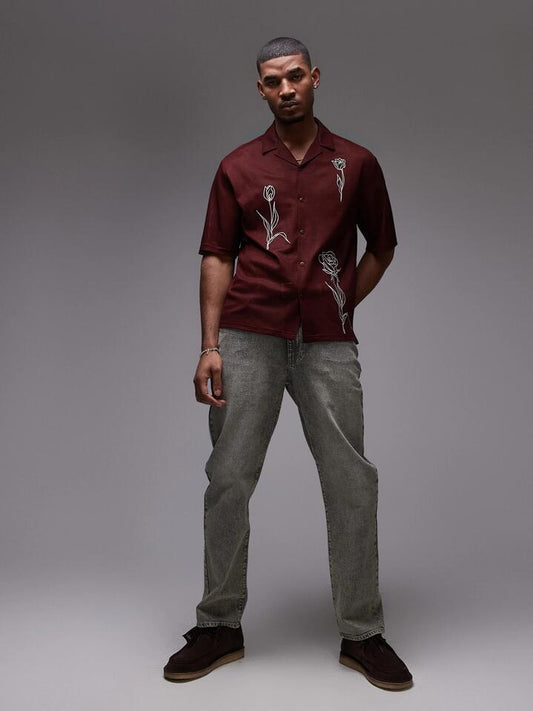 Image of a model wearing Tops. Productname: Topman Floral Embroidered Shirt in Rust colour by brand - Topman
