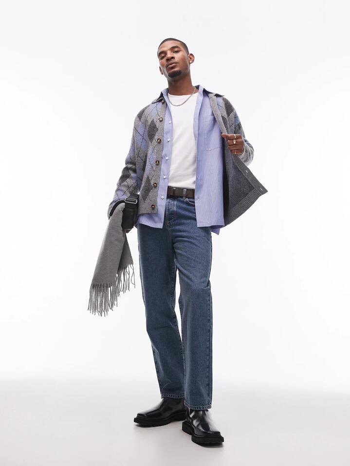 Image of a model wearing Tops. Productname: Topman Oversized Stripe Shirt in Blue colour by brand - Topman