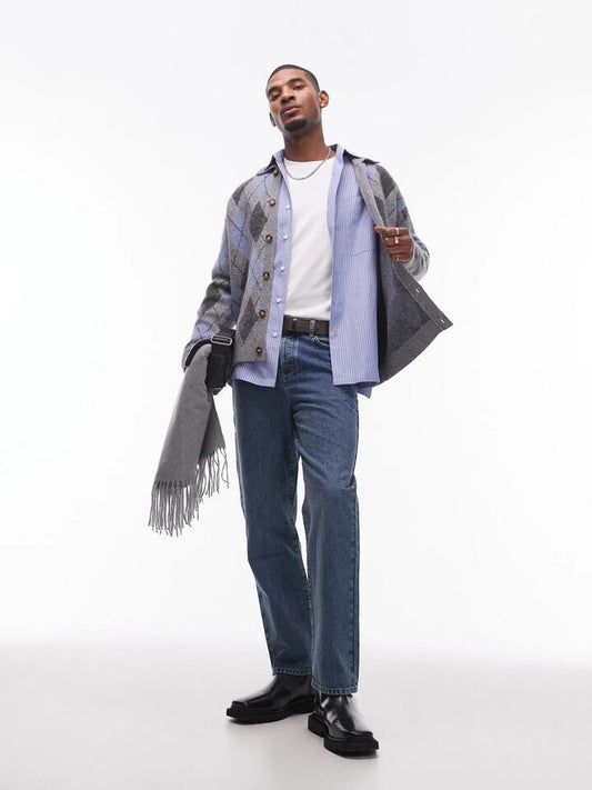 Image of a model wearing Tops. Productname: Topman Oversized Stripe Shirt in Blue colour by brand - Topman