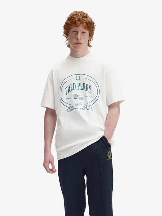 Image of a model wearing Tops. Productname: Fred Perry Chosen By Champions T-Shirt in Snow White colour by brand - Fred Perry