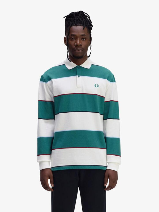 Image of a model wearing Tops. Productname: Fred Perry Heavyweight Jersey Striped Polo Shirt in Snow White colour by brand - Fred Perry