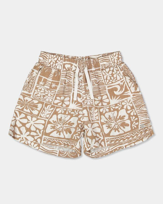 Image of a model wearing Shorts. Productname: Roxy Girls 8-16 Lekeito Bay Printed Shorts Coconut - in Coconut colour by brand - Roxy