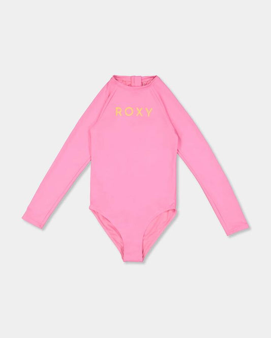 Image of a model wearing Tops. Product name - Roxy Girls 8-16 Forever Roxy Long Sleeve Back Zip Onesie Pink Cosmos in Pink Cosmos colour by brand - Roxy