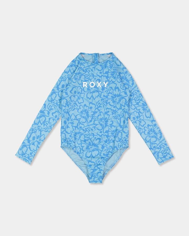 Image of a model wearing Tops. Productname: Roxy Girls 8-16 Flaura Bico Long Sleeve Onesie Rash Vest Malibu Blue Flaura - in Malibu Blue Flaura colour by brand - Roxy