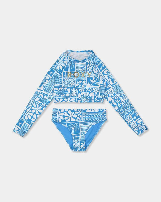 Image of Coats & Jackets. Product name - Roxy Girls 8-16 Surfenirs Crop Long Sleeve Rash Vest Sky Blue Surfenirs in Sky Blue Surfenirs colour by brand - Roxy