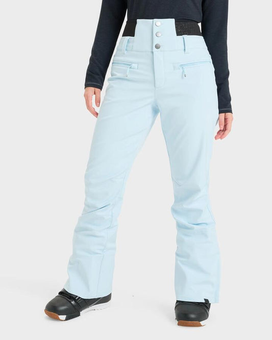 Image of a model wearing Pants. Productname: Roxy - Womens Rising High Snow Pants - Ice Blue - in Ice Blue colour by brand - Roxy