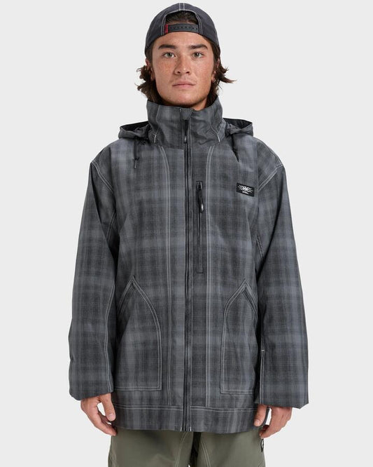 Image of a model wearing Outerwear. Productname: Quiksilver - Mens Live Wire Snow Jacket - Mercury Check True Black - in Mercury Check True Black colour by brand - Quiksilver