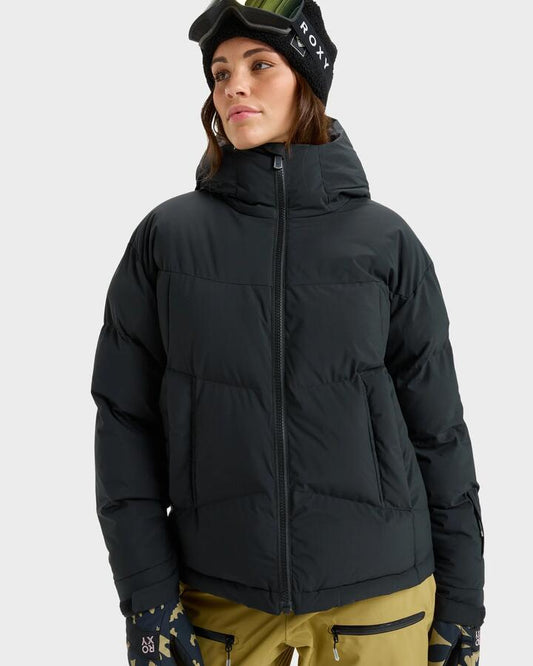 Image of a model wearing Outerwear. Productname: Roxy - Womens Alofted Puffy Snow Jacket - True Black - in True Black colour by brand - Roxy