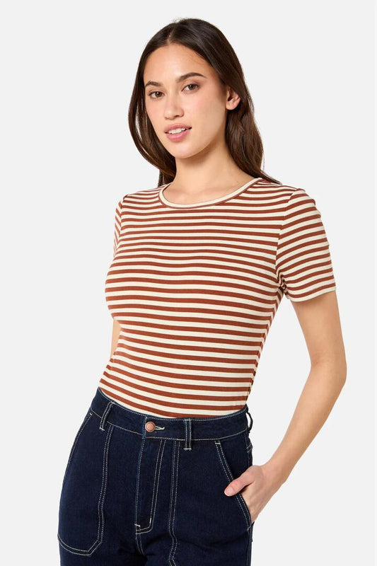 Image of a model wearing Tops. Productname: Jenny Stripe Tee in Toffee/Cream colour by brand - Princess Highway