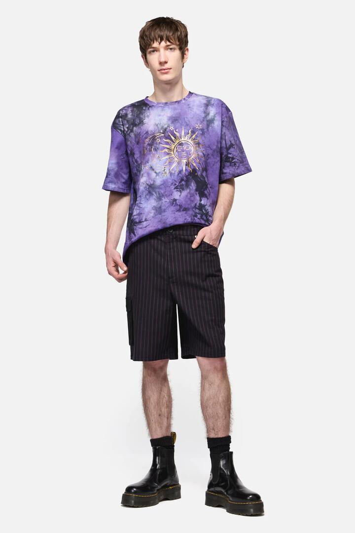 Image of a model wearing Shorts. Productname: Sabrina Pinstripe Cargo Short in Black/Purple colour by brand - Black Friday