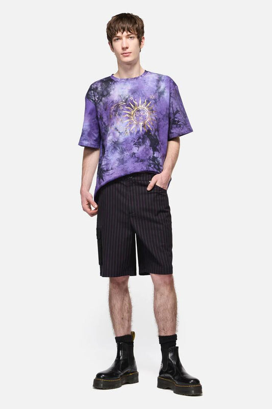 Image of a model wearing Shorts. Productname: Sabrina Pinstripe Cargo Short in Black/Purple colour by brand - Black Friday