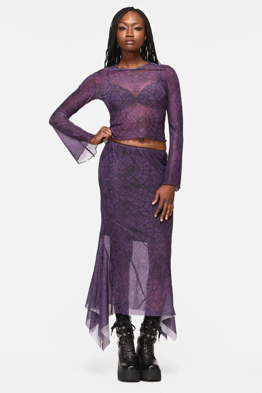 Image of a model wearing Skirts. Productname: Window Web Mesh Skirt in Purple colour by brand - Black Friday