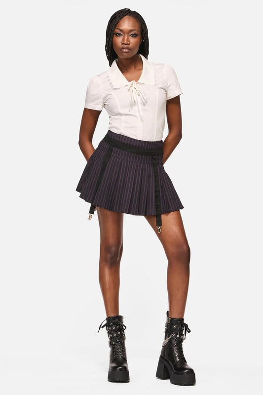 Image of a model wearing Skirts. Productname: Sabrina Pinstripe Goth Skort in Black/Purple colour by brand - Black Friday