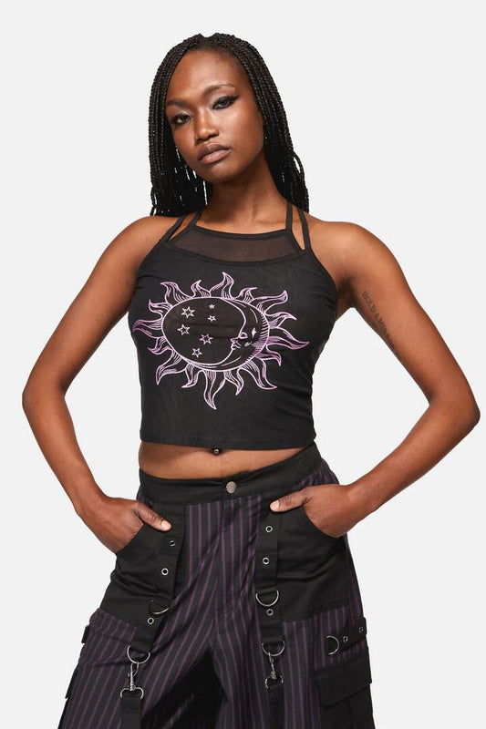 Image of a model wearing Tops. Productname: Cosmic Goth Mesh Tank Top in Black/Purple colour by brand - Black Friday