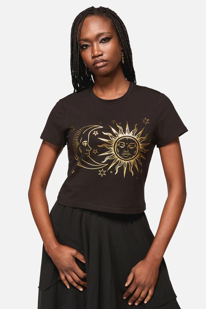 Image of a model wearing Tops. Productname: Sun And Moon Goth Tee in Black colour by brand - Black Friday