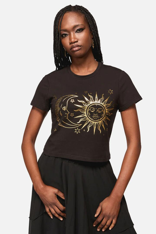 Image of a model wearing Tops. Productname: Sun And Moon Goth Tee in Black colour by brand - Black Friday