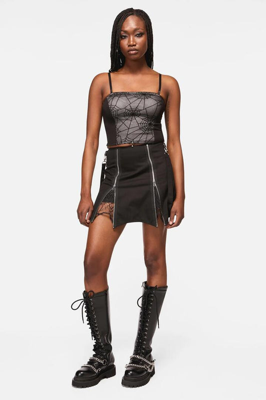 Image of a model wearing Skirts. Productname: Web Lace Zipper Skort in Black colour by brand - Black Friday